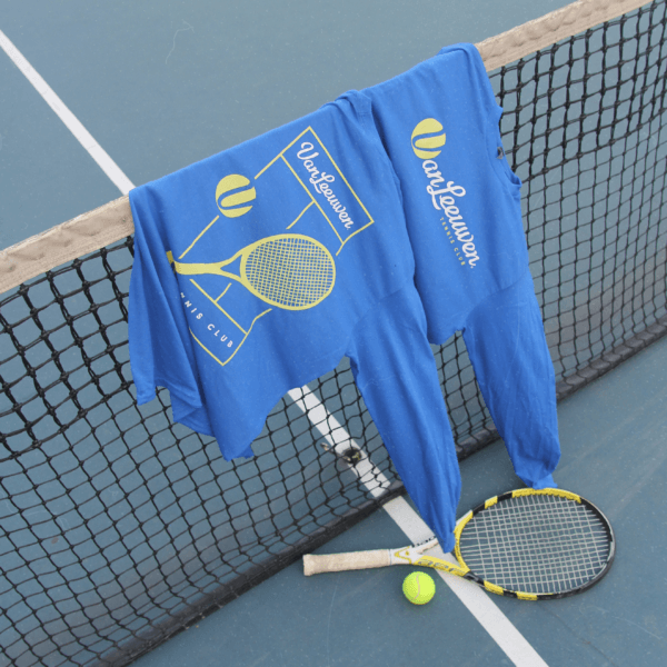 tennis net with two shirts one shirt is showing the front of the shirt the other shirt is showing the back of the shirt